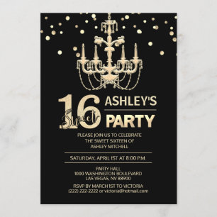Invitation Partie noire du SWEET SIXTEEN 16 de lustre d'or