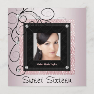 Invitation Partie noire rose du bonbon 16 à photo de damassé