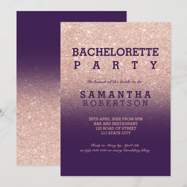 Invitation Partie pourpre de bachelorette d'or de parties (Devant / Derrière)