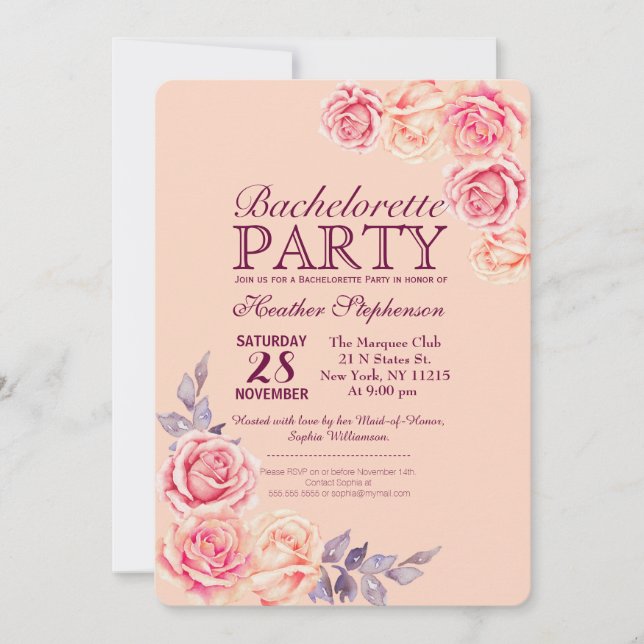 Invitation Partie rose de Bachelorette de roses d'aquarelle (Devant)