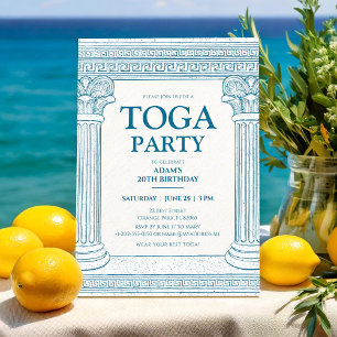 Invitation Partie Toga grecque en bleu avec colonnes élégante