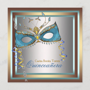Invitation Partie turquoise de mascarade d'or argenté
