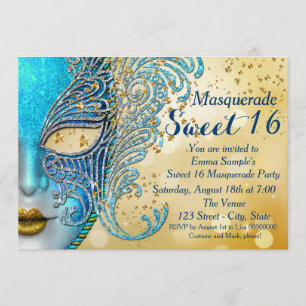 Invitation Partie turquoise de mascarade du bonbon 16 à bleu