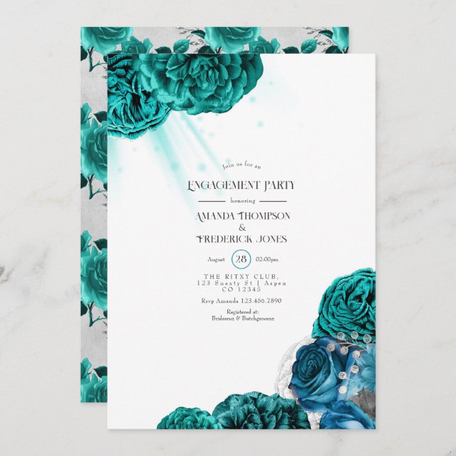 Invitation Partie turquoise et Silver Floral Mariage Engageme (Devant / Derrière)
