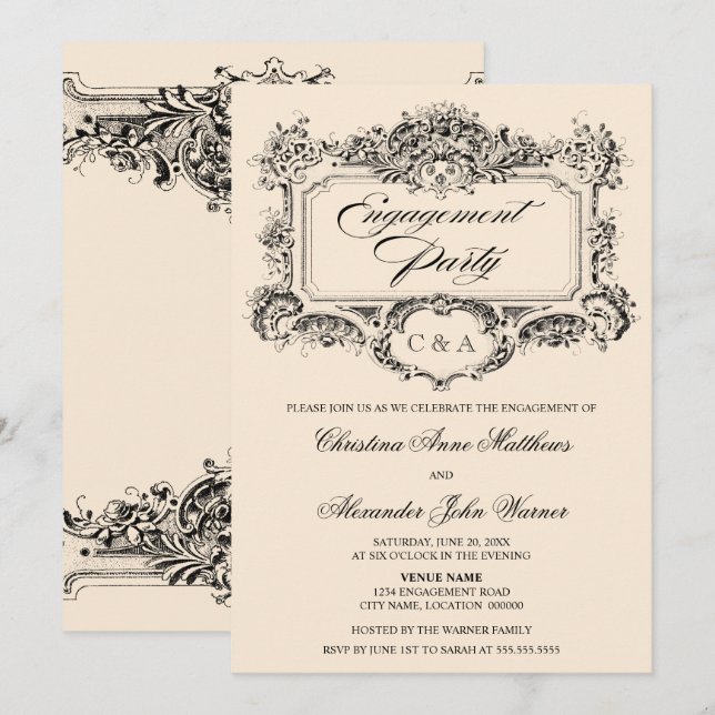 Invitation Partie vintage d'engagement (Devant / Derrière)