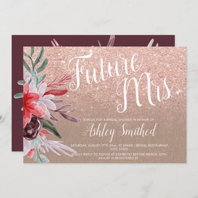 Invitation Parties scintillant à fleurs rouge bordeaux kraft  (Devant / Derrière)