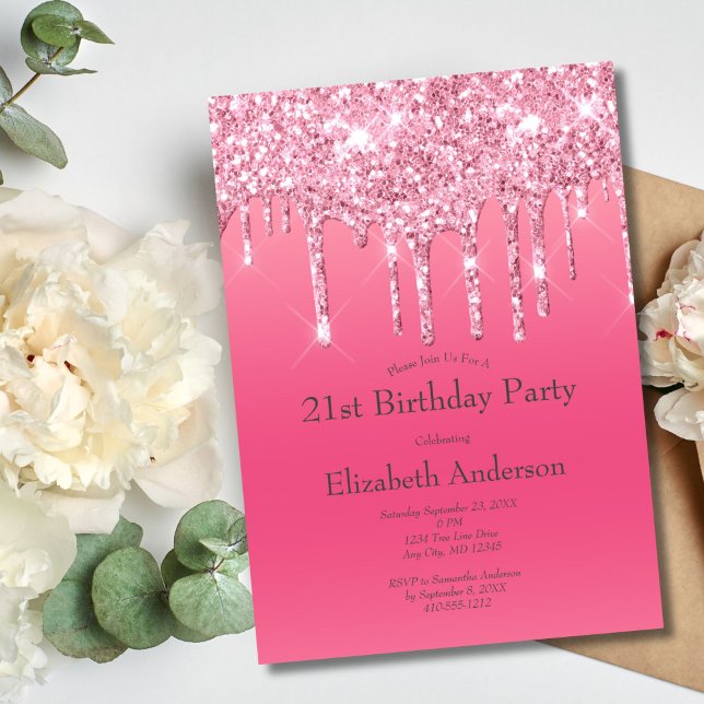 Invitation Parties scintillant à goutte rose Girly Chic 21e a (Pink Dripping Glitter 21st Birthday Party Invitation for her)
