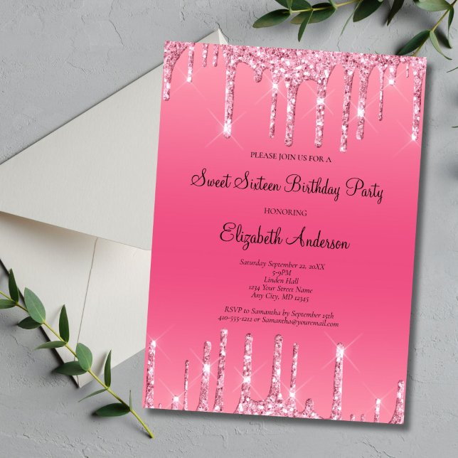 Invitation Parties scintillant à goutte rose Glam Sweet 16 An (Pink Dripping Glitter Sweet Sixteen Birthday Party Invitation, Bling Glam, Printed or Digital )