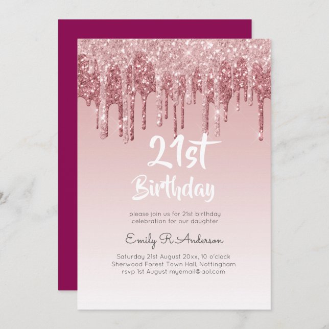 Invitation Parties scintillant à goutte Rose or 21e anniversa (Devant / Derrière)