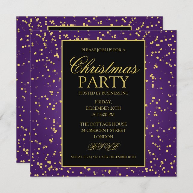 Invitation Parties scintillant à huile violet or points Noël (Devant / Derrière)