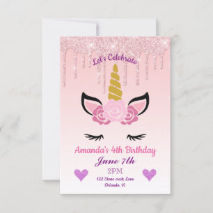 Invitation Parties scintillant à séchage rose/Unicorne floral
