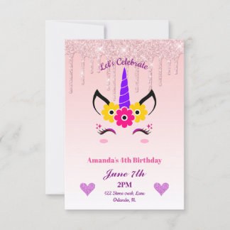 Invitation Parties scintillant à séchage rose/Unicorne floral
