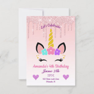Invitation Parties scintillant à séchage rose/Unicorne floral