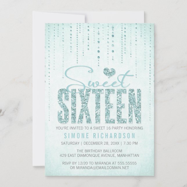 Invitation Parties scintillant Aqua Look Sweet 16 (Seize) Par (Devant)