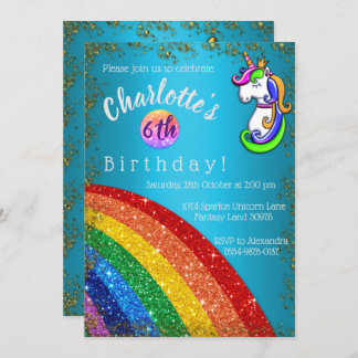 Invitation Parties scintillant Arc-en-ciel bleu clair licorne