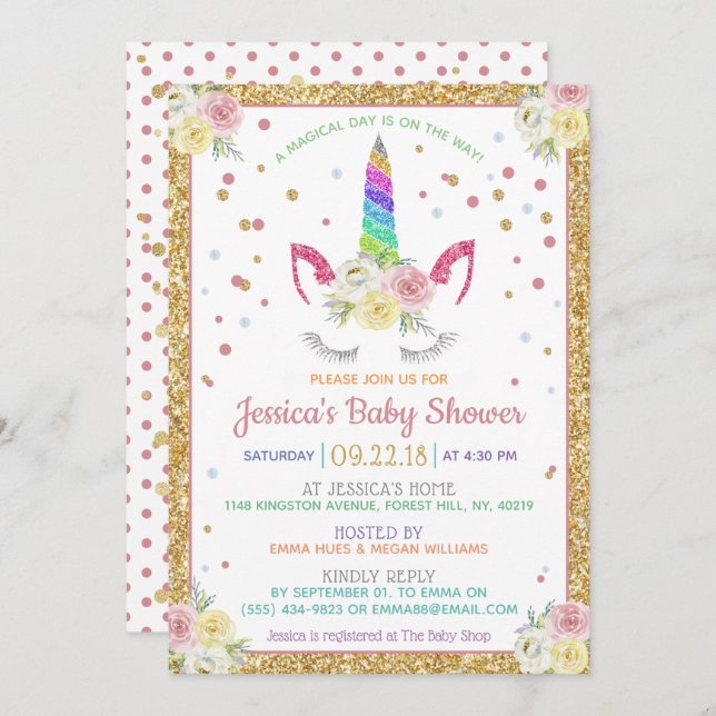 Invitation Parties scintillant arc-en-ciel chic Baby shower U (Devant / Derrière)