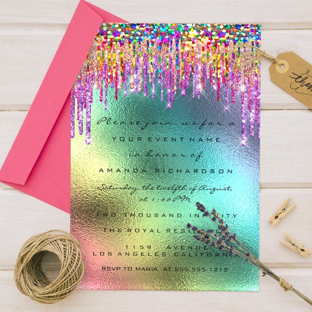 Invitation Parties scintillant arc-en-ciel mariée 16e licorne (Rainbow Glitter Drip Bridal 16th Unicorn Invitation)