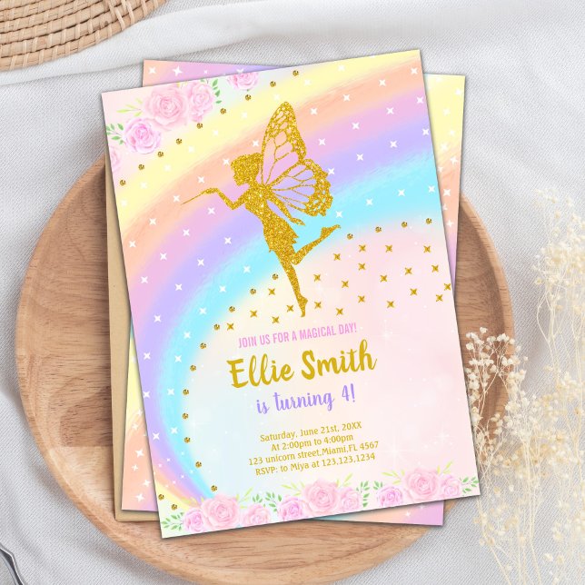 Invitation Parties scintillant arc-en-ciel modifiable Fairy A (Rainbow Glitter Fairy Birthday Invitations)