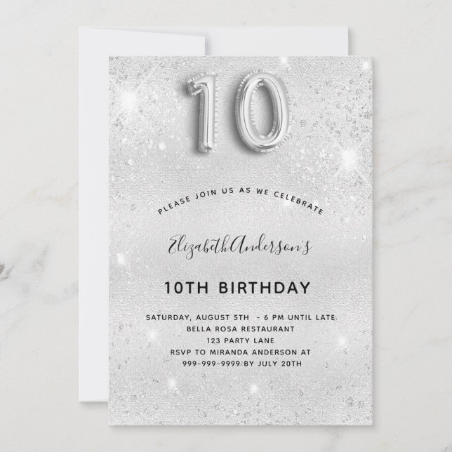Invitation parties scintillant argent 10e anniversaire (Devant)