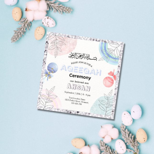 Invitation Parties scintillant Argent Aqeeqah- Aqiqah- Invita (Créateur téléchargé)