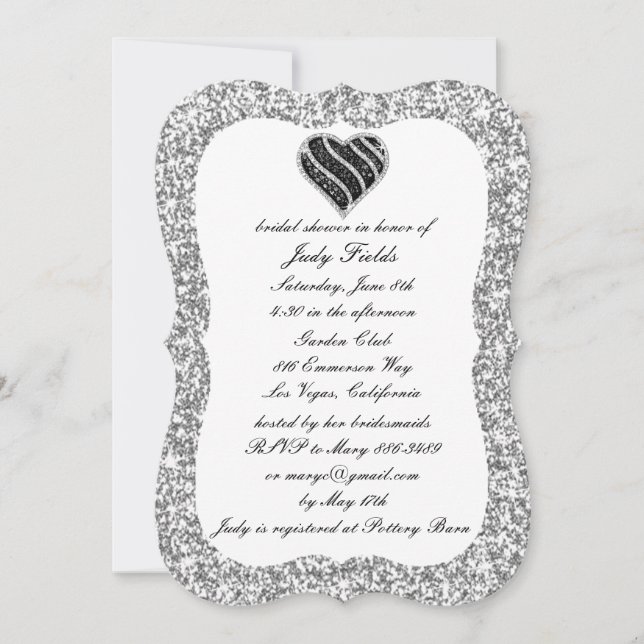 Invitation Parties scintillant argent Black Heart Fête des ma (Devant)