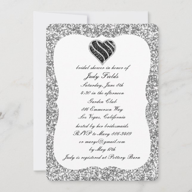 Invitation Parties scintillant argent Black Heart Fête des ma (Devant)