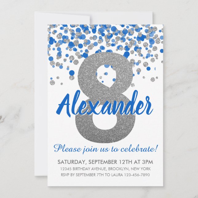 Invitation Parties scintillant Argent Bleu Confetti Garçon Hu (Devant)