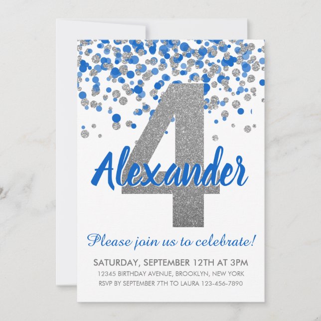 Invitation Parties scintillant Argent Bleu Confetti Garçon Qu (Devant)
