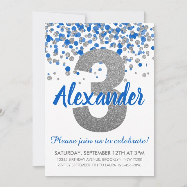 Invitation Parties scintillant Argent Bleu Confetti Garçon Tr (Devant)