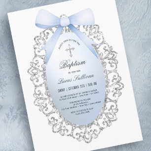 Invitation Parties scintillant Argent Cadre Bleu Bow Baptême