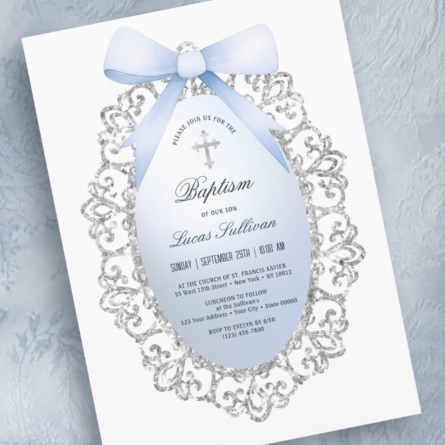 Invitation Parties scintillant Argent Cadre Bleu Bow Baptême (Créateur téléchargé)