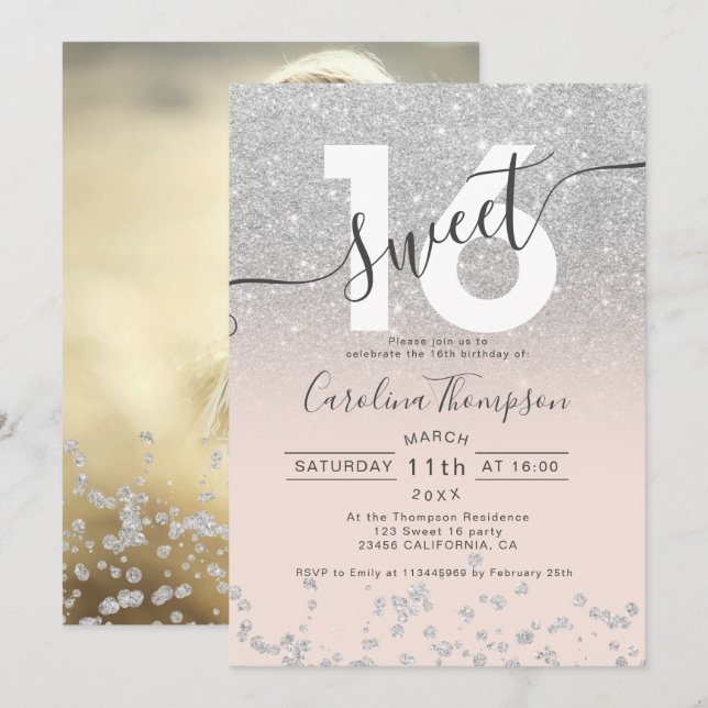 Invitation Parties scintillant argent chic ombre blush Sweet  (Devant / Derrière)