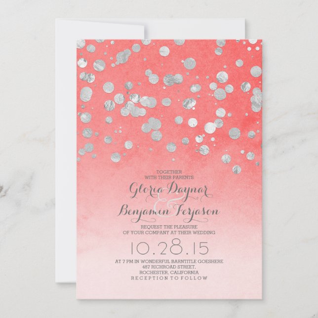 Invitation parties scintillant argent confetti corail rose ma (Devant)