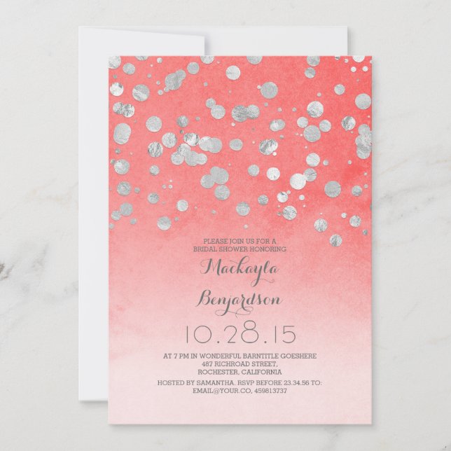 Invitation parties scintillant argent confetti corail rose nu (Devant)