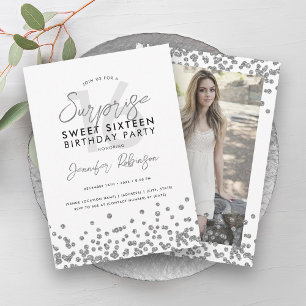 Invitation Parties scintillant Argent Confetti Photo Surprise