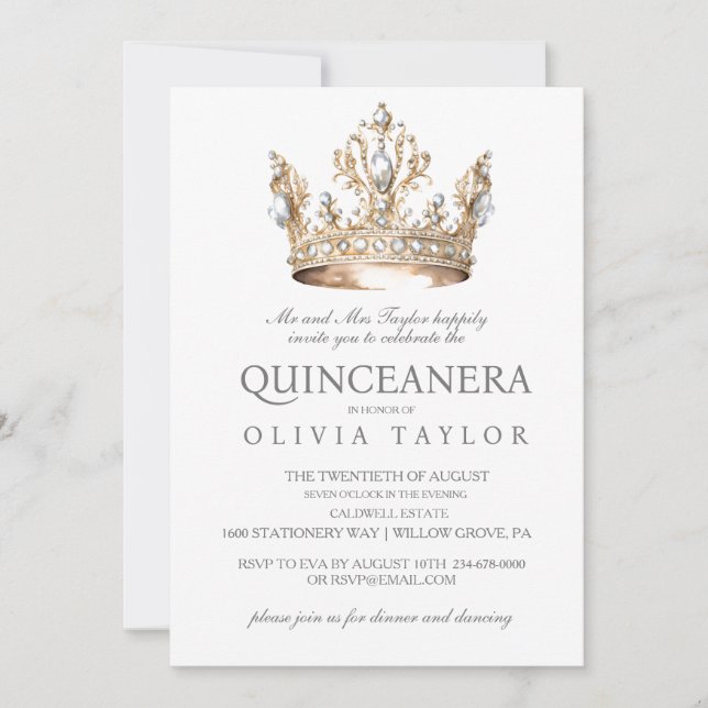 Invitation Parties scintillant Argent Couronne Quinceanera An (Devant)
