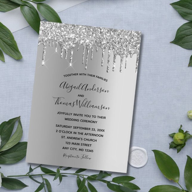 Invitation Parties scintillant Argent Drift Mariage moderne t (Elegant Silver Dripping Glitter Wedding invitation)
