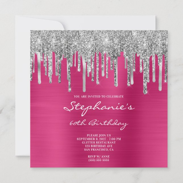 Invitation Parties scintillant argent gouttes Fuchsia rose 60 (Devant)
