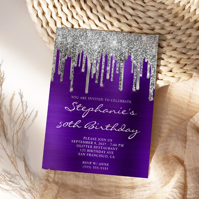 Invitation Parties scintillant argent gouttes Indigo Purple 5 (Modern purple and silver dripping glitter birthday invite.)