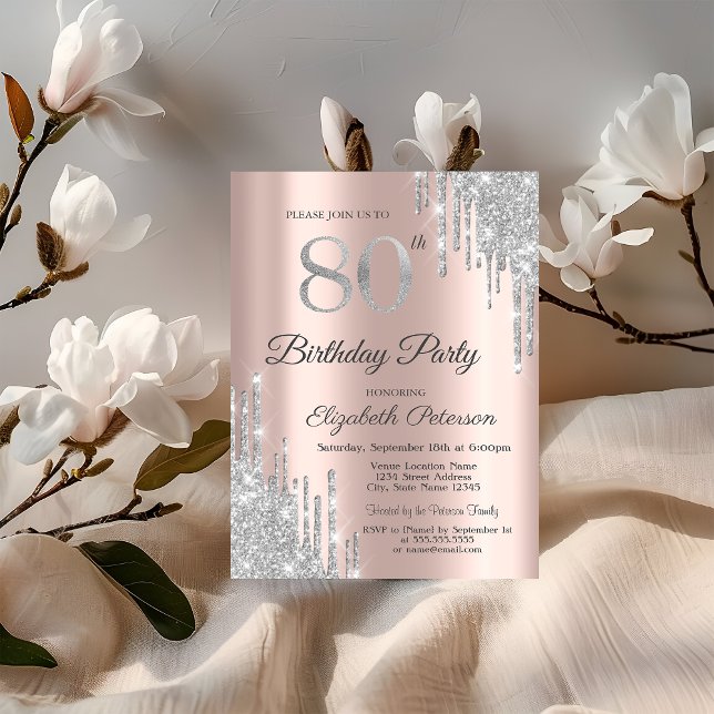 Invitation Parties scintillant argent gouttes Rose Gold 80e f (Créateur téléchargé)
