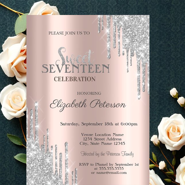 Invitation Parties scintillant argent gouttes Rose Gold Sweet (Créateur téléchargé)