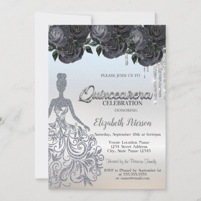 Invitation Parties scintillant argent gouttes Roses noirs dou (Devant)