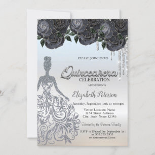 Invitation Parties scintillant argent gouttes Roses noirs dou