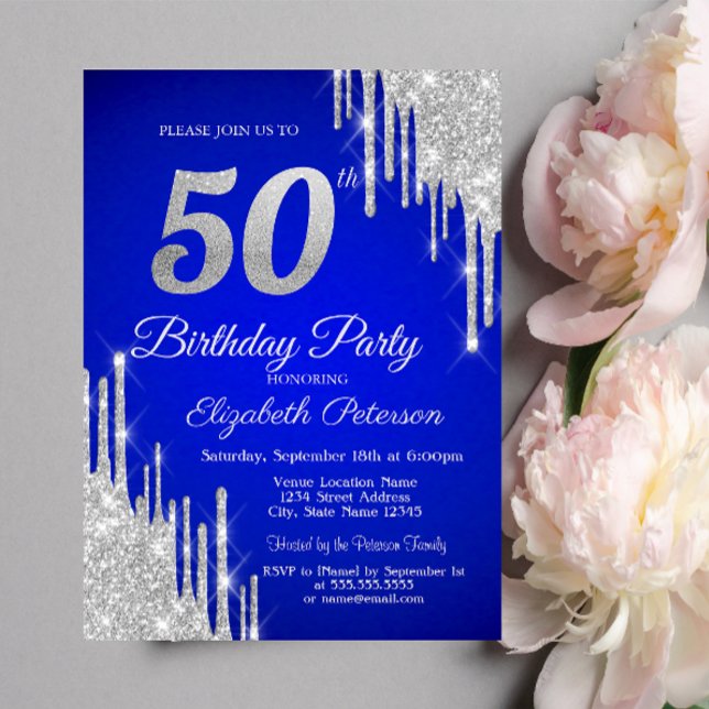 Invitation Parties scintillant argent gouttes Royal Blue 50e  (Créateur téléchargé)