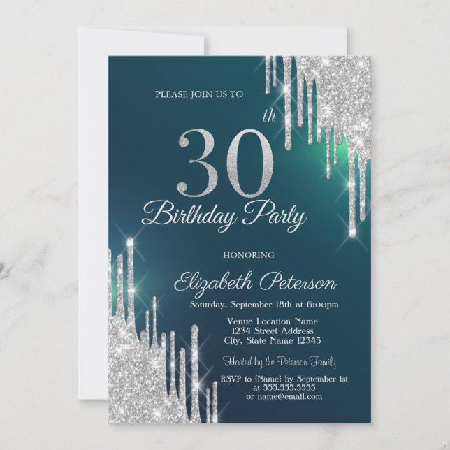 Invitation Parties scintillant argent gouttes vert 30e annive (Devant)