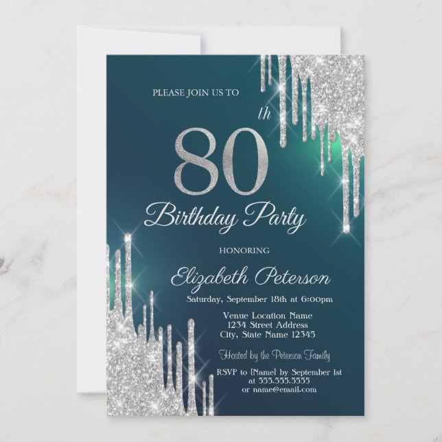 Invitation Parties scintillant argent gouttes vert 80e annive (Devant)
