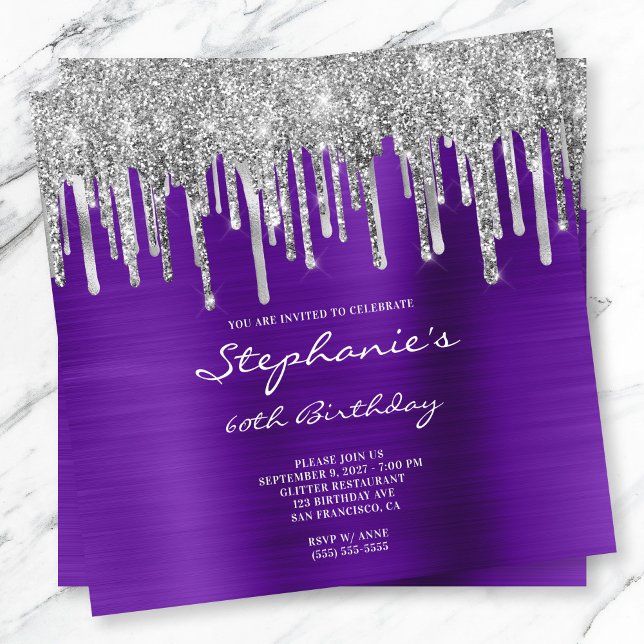 Invitation Parties scintillant argent gouttes violet huile 60 (Purple and silver dripping glitter birthday invite.)