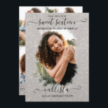 Invitation Parties scintillant argent Halo photo Collage Swee<br><div class="desc">Cette jolie et girly sweet sixteen anniversaire photo collage invitation est parfait pour la fille branchée et élégante. Il est doté d'un halo de brosse à parties scintillant brillant imprimé sur une grande photo de fonction et d'une élégante typographie manuscrite de script cursif. Sur le dos, quatre images personnalisables et...</div>