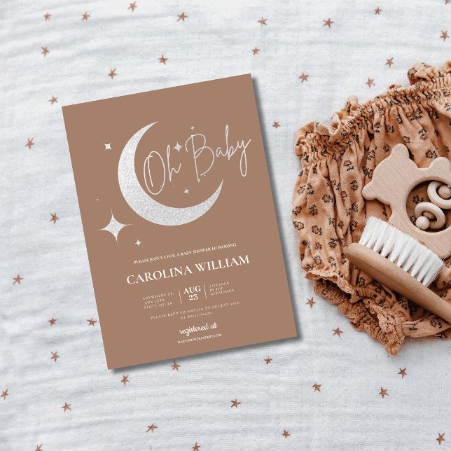 Invitation Parties scintillant argent lune et étoiles oh baby (Créateur téléchargé)