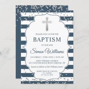 Invitation Parties scintillant Argent Marine Bleu Stripes Gar